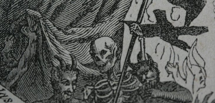 black and white page with death and devils