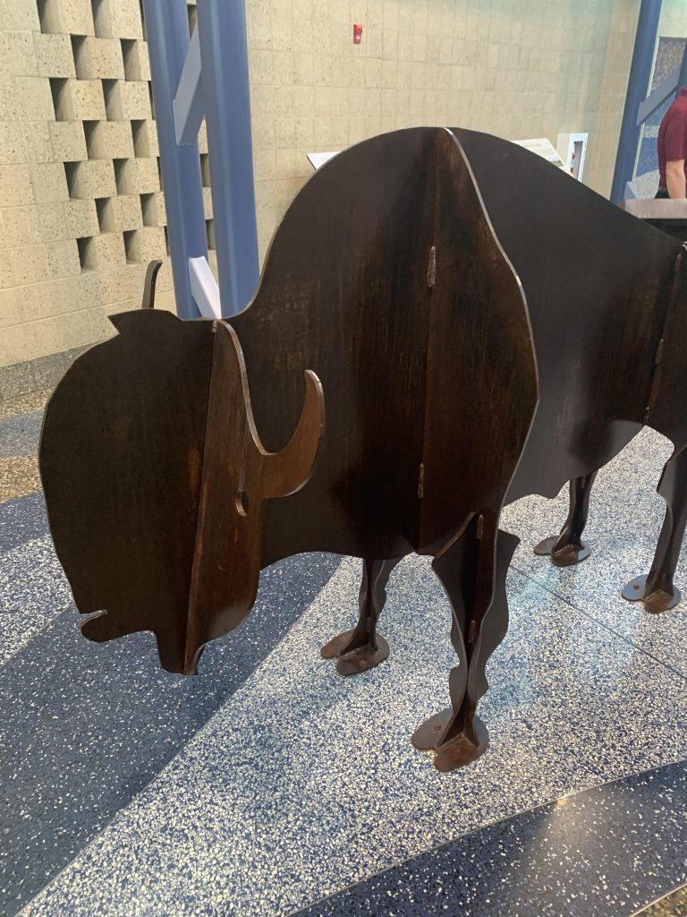 Close up of bison or buffalo art inside Indiana welcome center