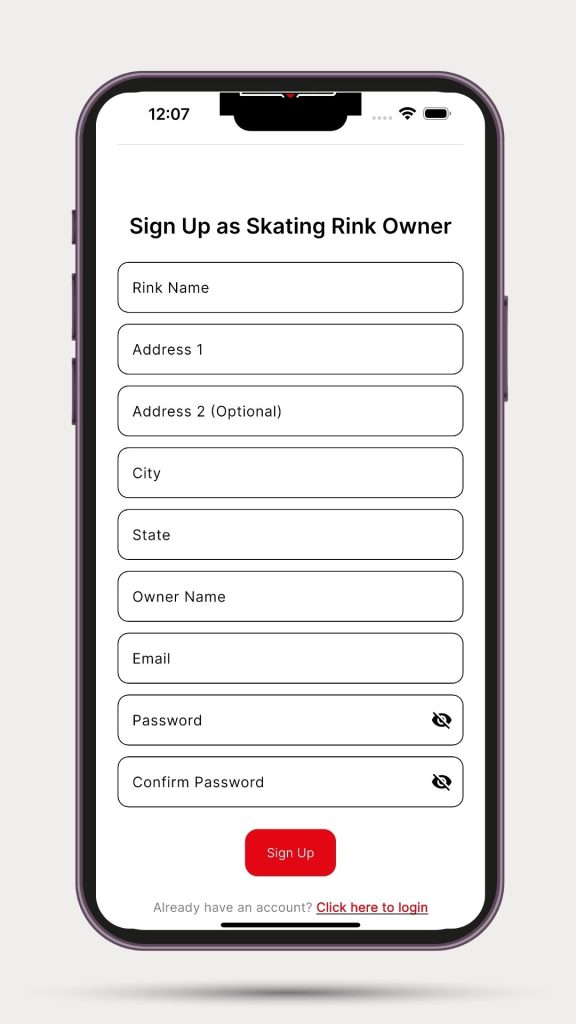 Skating rink sign up screen on jbgods phone app